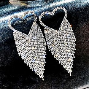 Silver Heart Crystal Rhinestone Tassel Drop Dangle Diamond Oversized Earrings